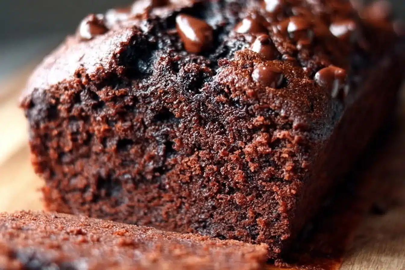 A slice of easy chocolate zucchini bread with chocolate chips on a plate.