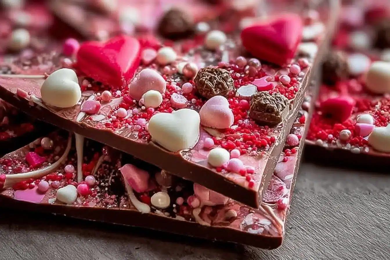 Valentine's Day chocolate bark decorated with heart shapes and colorful sprinkles