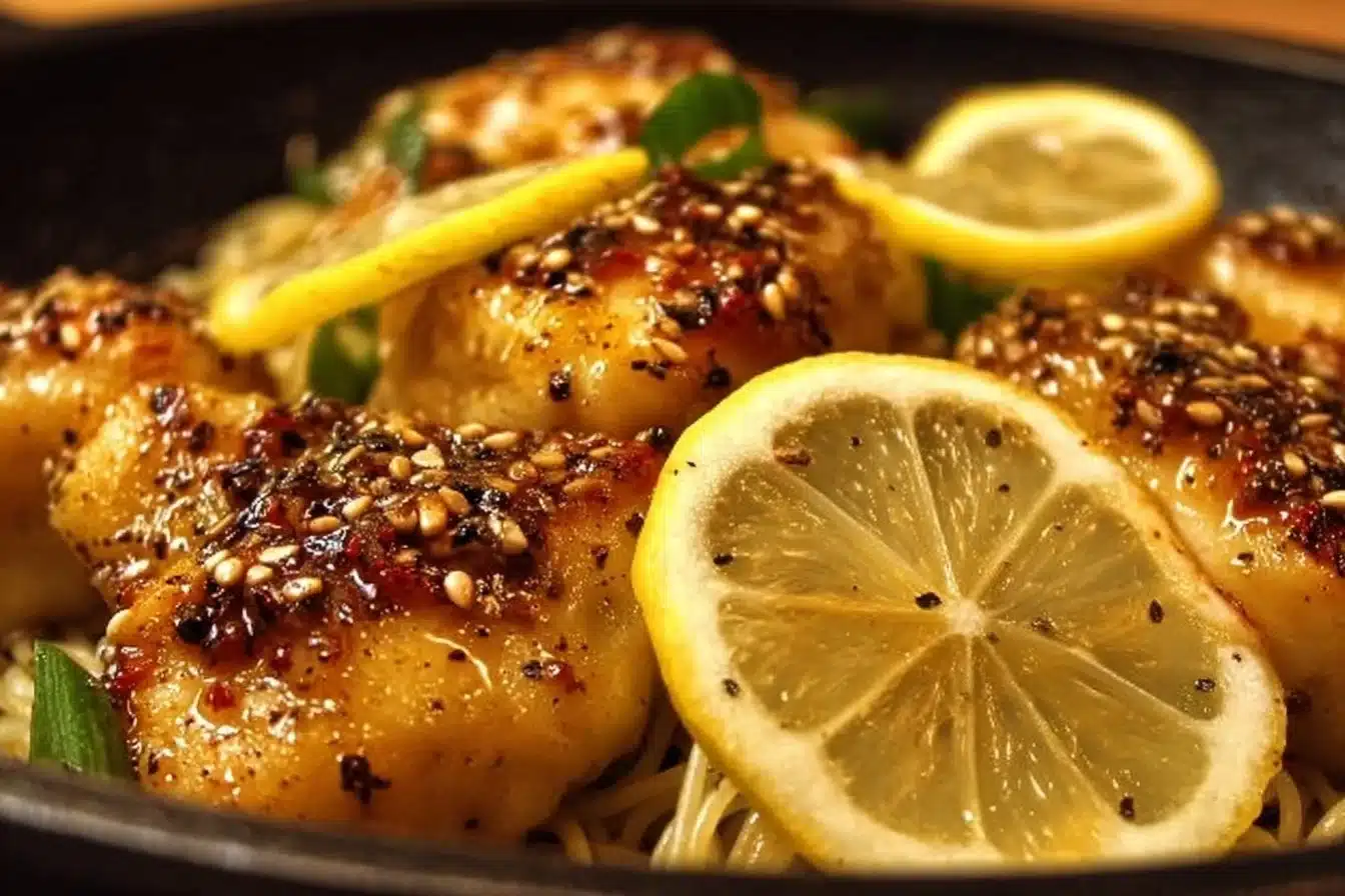 Easy Lemon Pepper Chicken 4 Easy lemon pepper chicken served with fresh herbs and lemon slices.