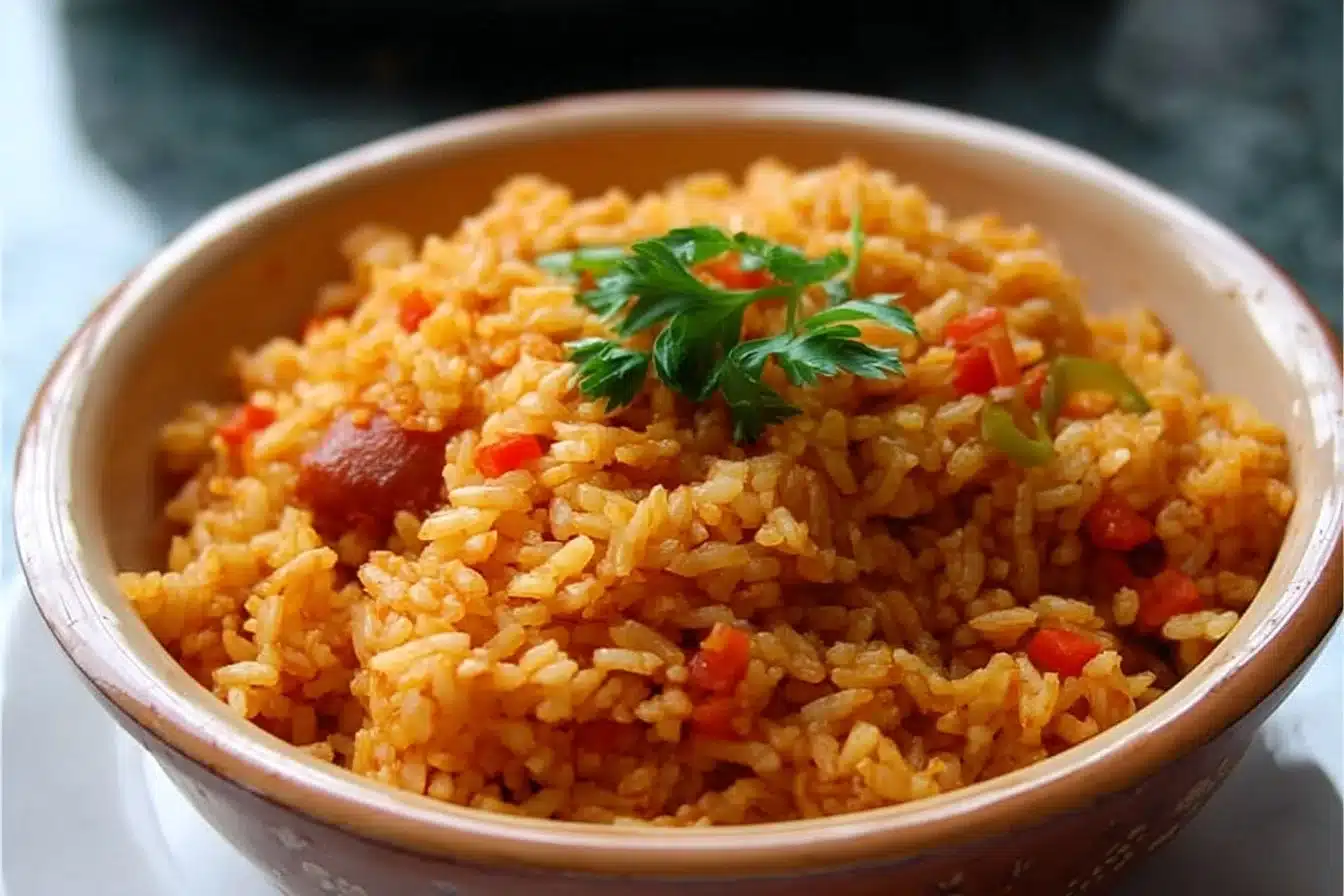 Easy Rice Cooker Spanish Rice 3 Easy Rice Cooker Spanish Rice dish on a plate with garnishes