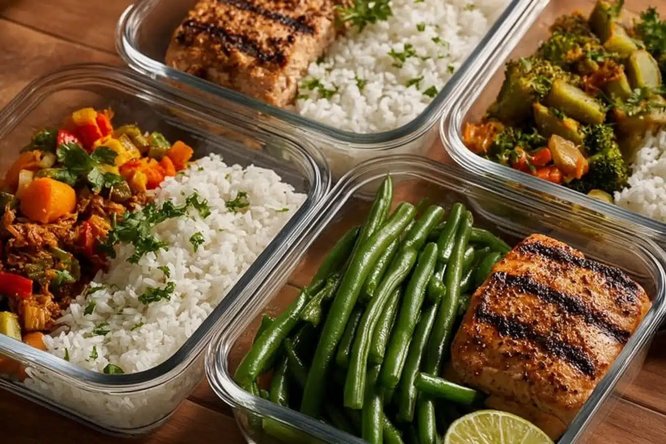 Colorful rice meal prep bowls for healthy and quick eating