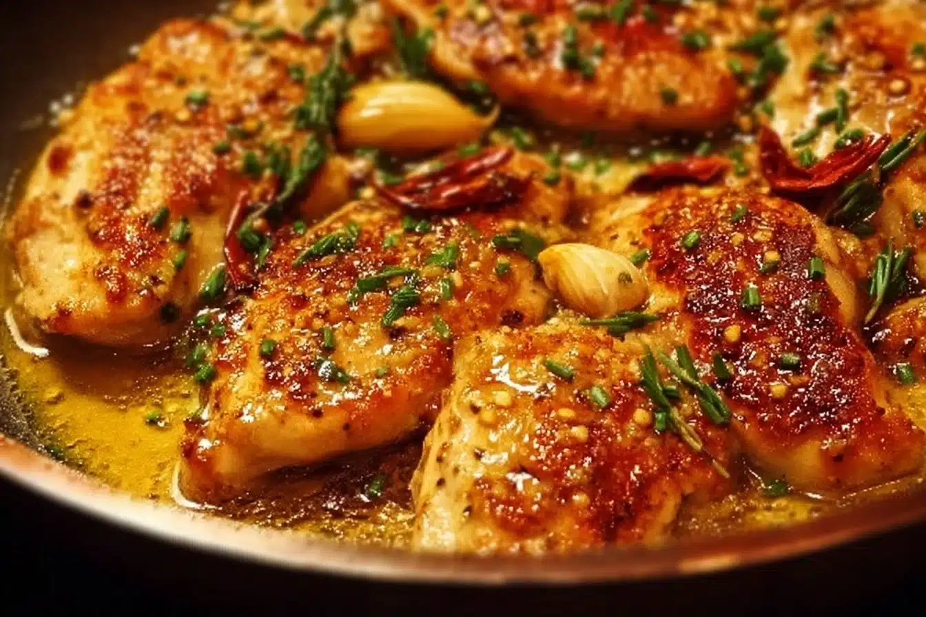 Easy skillet garlic butter chicken served with herbs and side vegetables