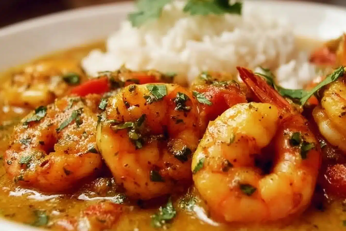 Elvi's Kitchen's Easy and Delicious Coconut Curry Shrimp 3 A bowl of delicious coconut curry shrimp with vibrant colors and fresh ingredients.