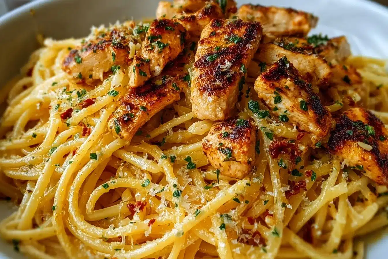Creamy Garlic Butter Chicken Pasta with herbs and grated Parmesan cheese