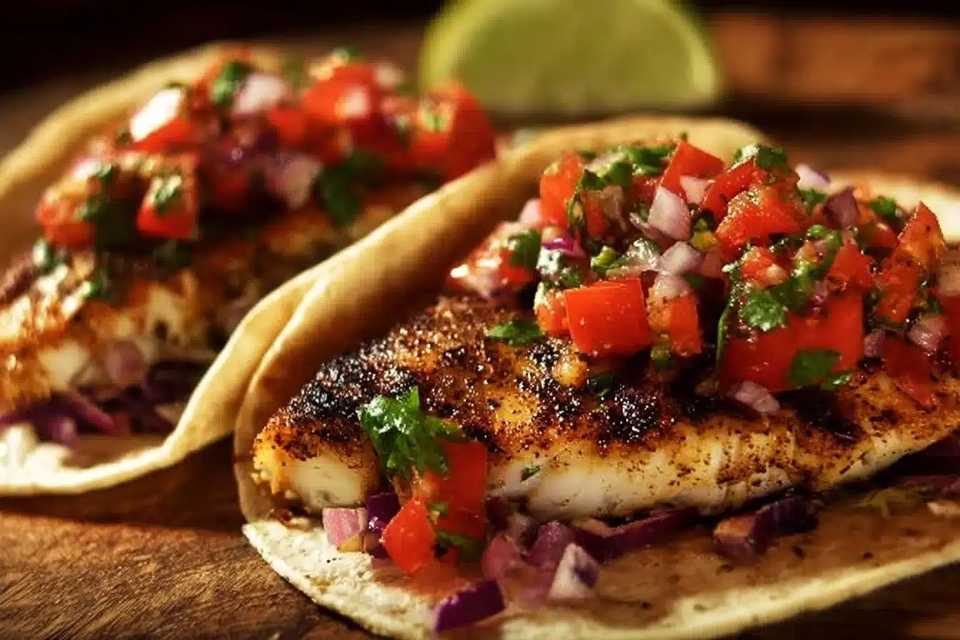 Grilled Fish Tacos 3 Delicious grilled fish tacos topped with fresh ingredients and served on a plate.