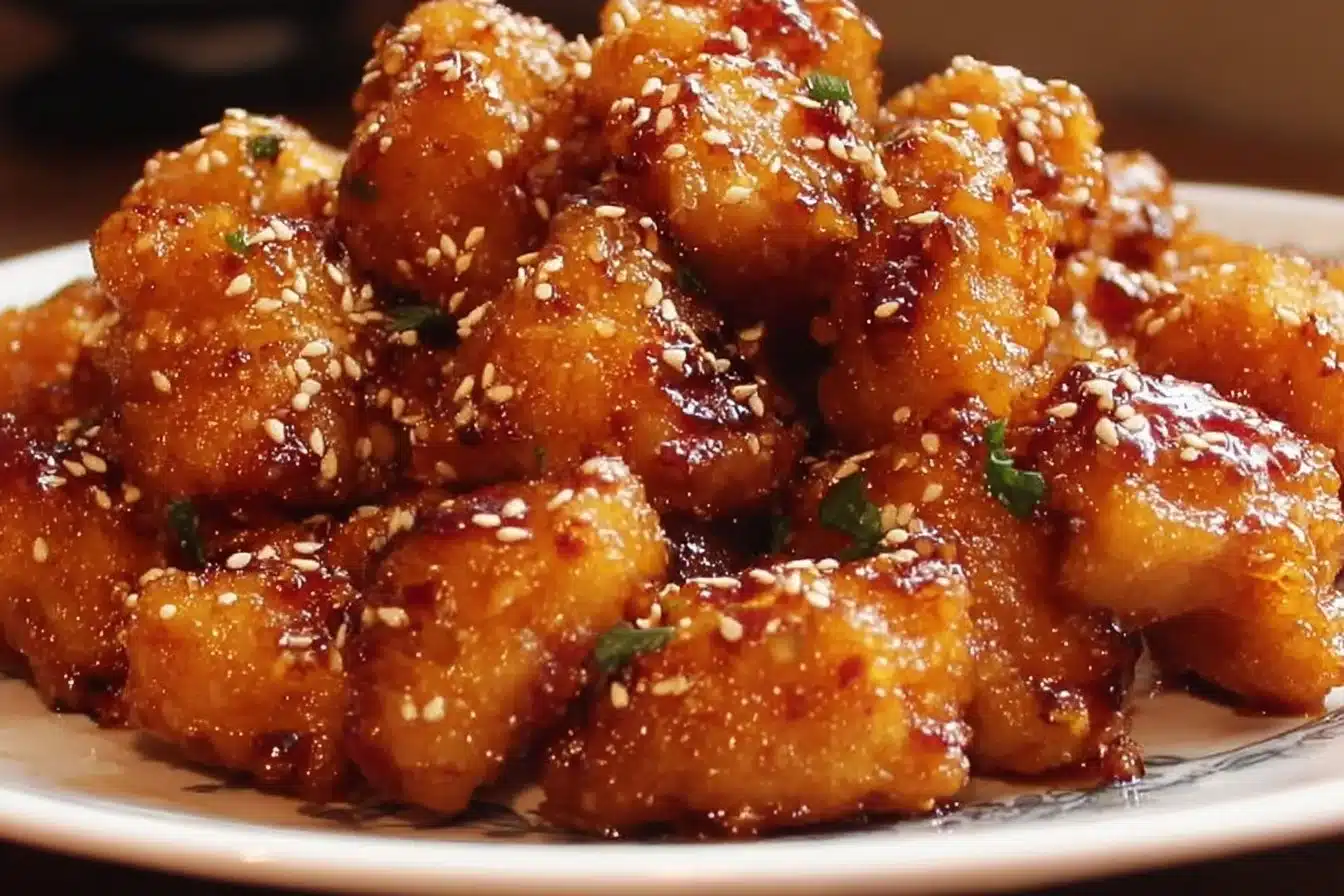 Honey Garlic Chicken Bites 3 Plate of Honey Garlic Chicken Bites glistening with a sweet glaze