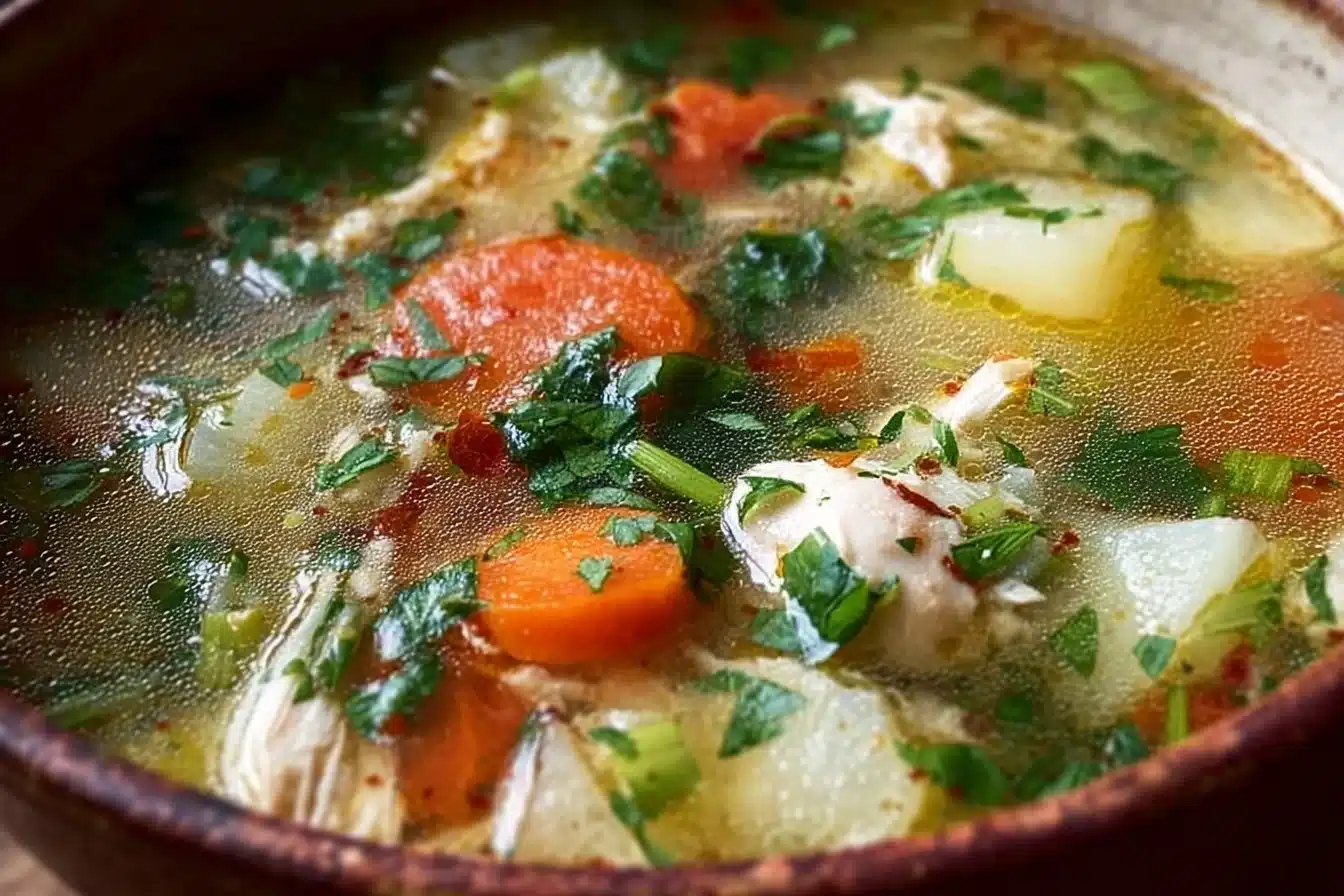 Nutritious Chicken Soup 3 A bowl of nutritious chicken soup filled with vegetables and spices.