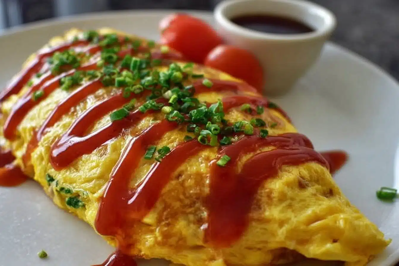 A plate of Omurice featuring fluffy omelette over seasoned fried rice, garnished attractively.