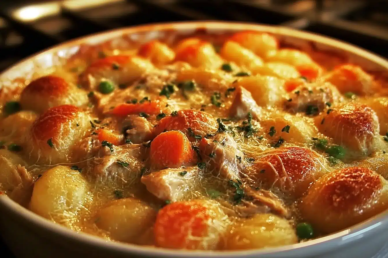 One Pot Gnocchi Chicken Pot Pie 3 One Pot Gnocchi Chicken Pot Pie served in a rustic bowl