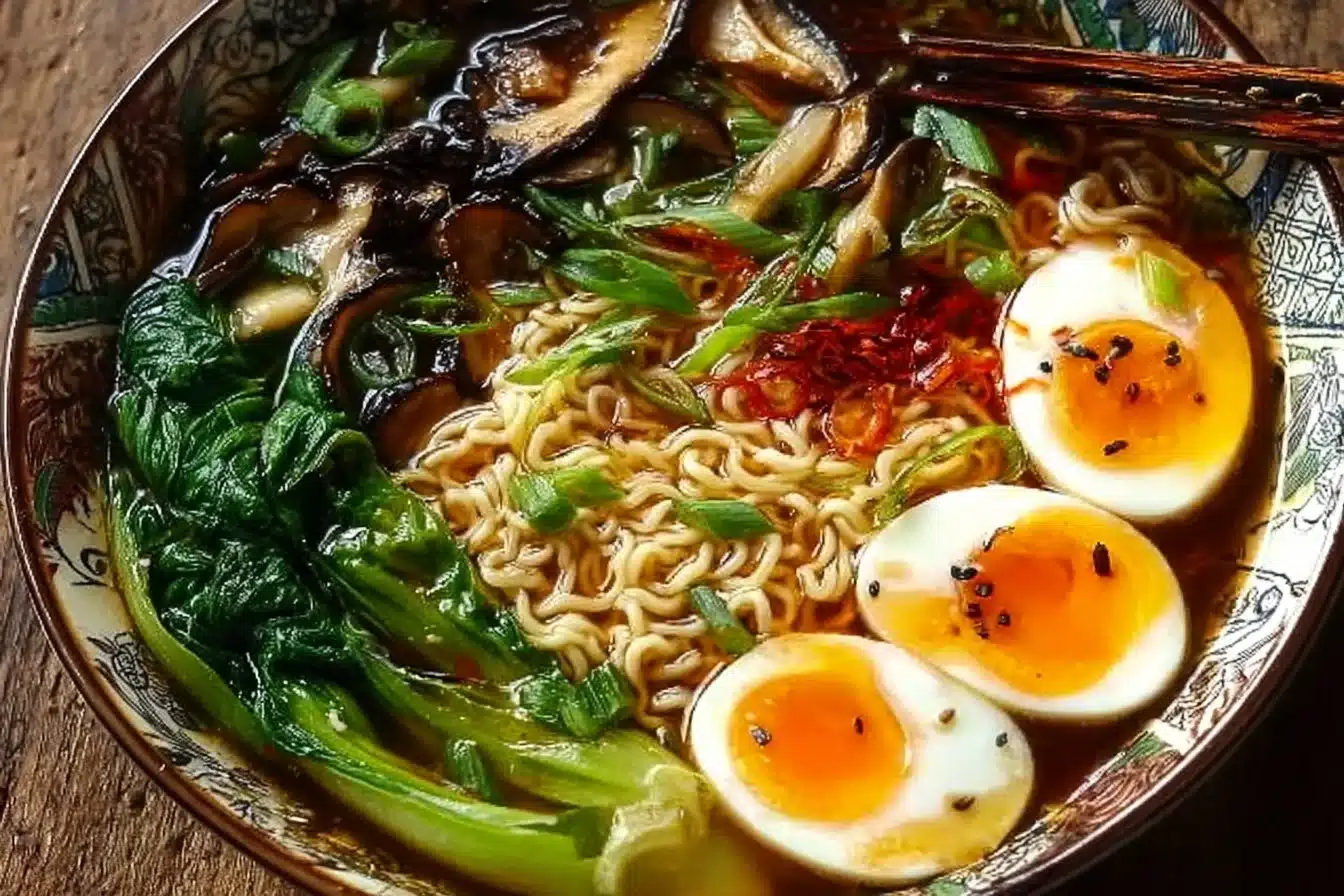 Quick and Easy Vegetarian Ramen 3 Bowl of quick and easy vegetarian ramen with fresh vegetables and herbs