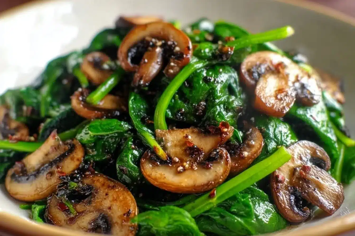 Plate of sautéed mushrooms and spinach garnished with herbs.
