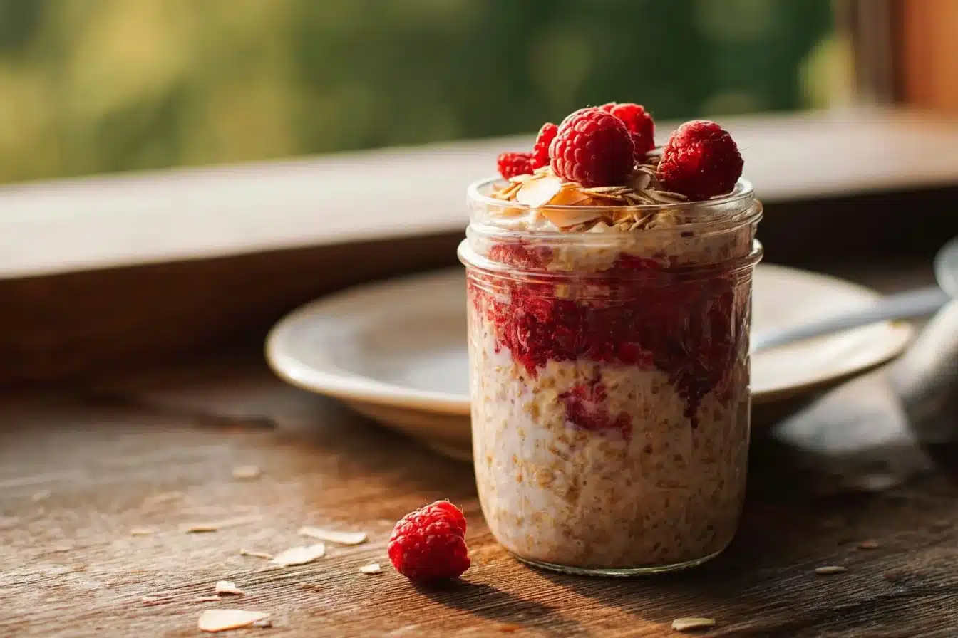 Bowl of Raspberry Coconut Overnight Oats topped with fresh raspberries and coconut flakes.