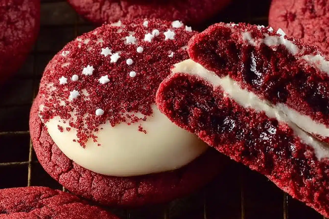 Freshly baked red velvet pan-banging cookies on a cooling rack