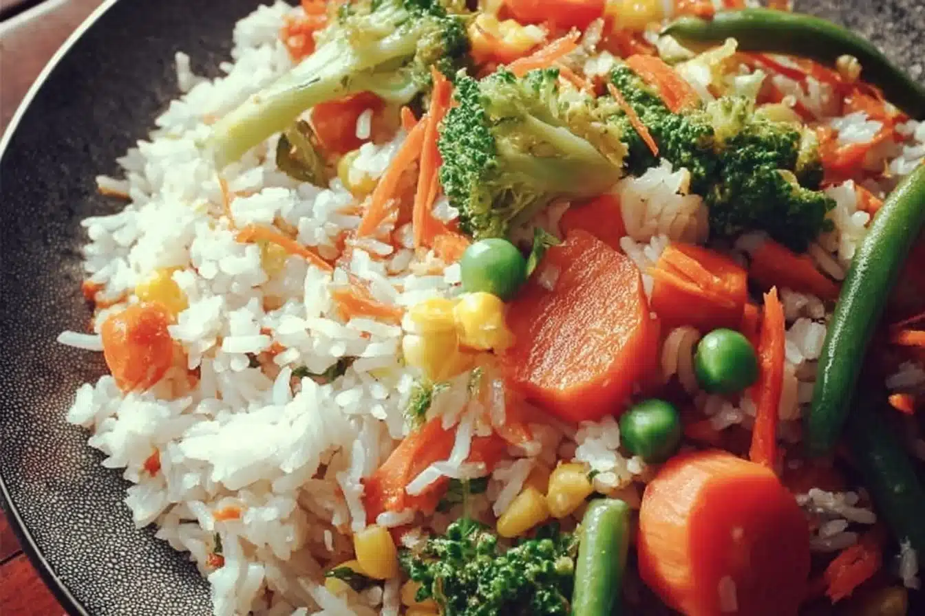 Rice and Vegetables Stir-Fry 3 Colorful rice and vegetables stir-fry in a bowl, ready to serve.