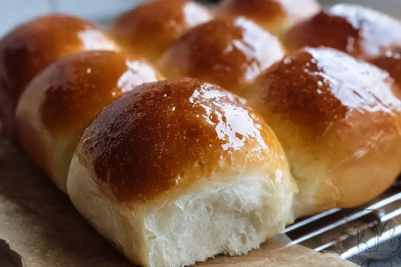 Sourdough Dinner Rolls 3 Freshly baked sourdough dinner rolls on a wooden table