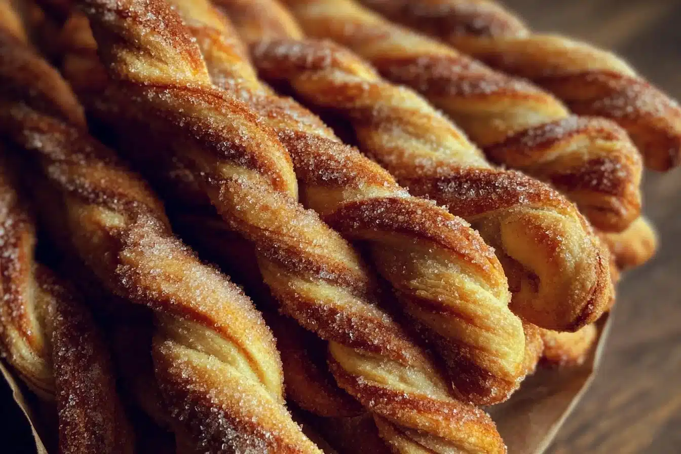 Delicious sourdough cinnamon sugar twists on a wooden table