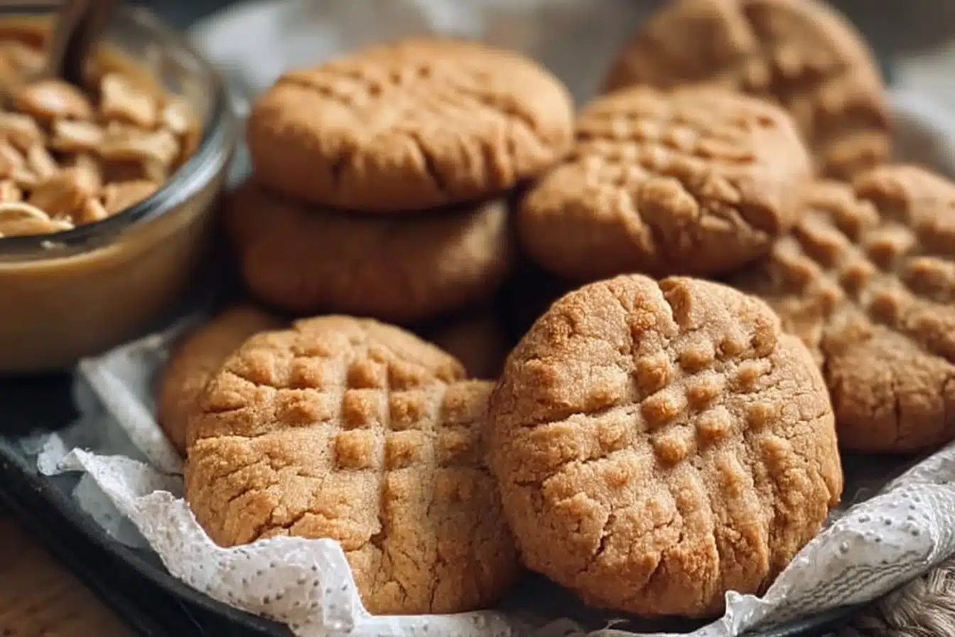 Sourdough Discard Peanut Butter Cookies 3 Freshly baked sourdough discard peanut butter cookies on a cooling rack.