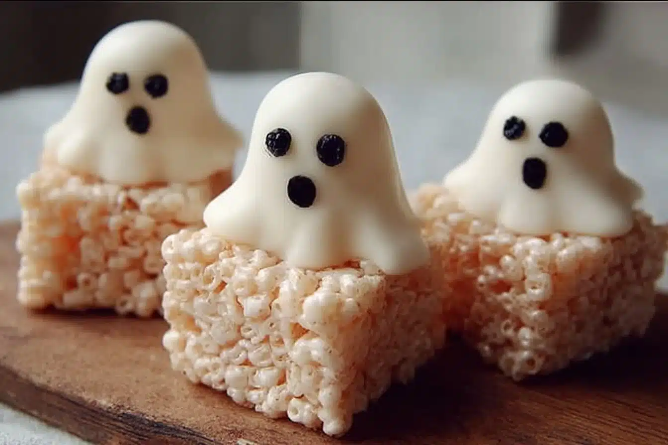 Spooky ghost rice krispie treats with marshmallow faces on a plate