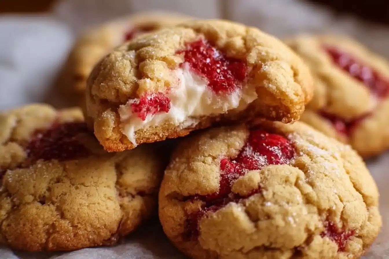 Best Strawberry Cheesecake Cookies — 5 Easy Tips 3 Delicious Strawberry Cheesecake Cookies garnished with fresh strawberries on a plate.