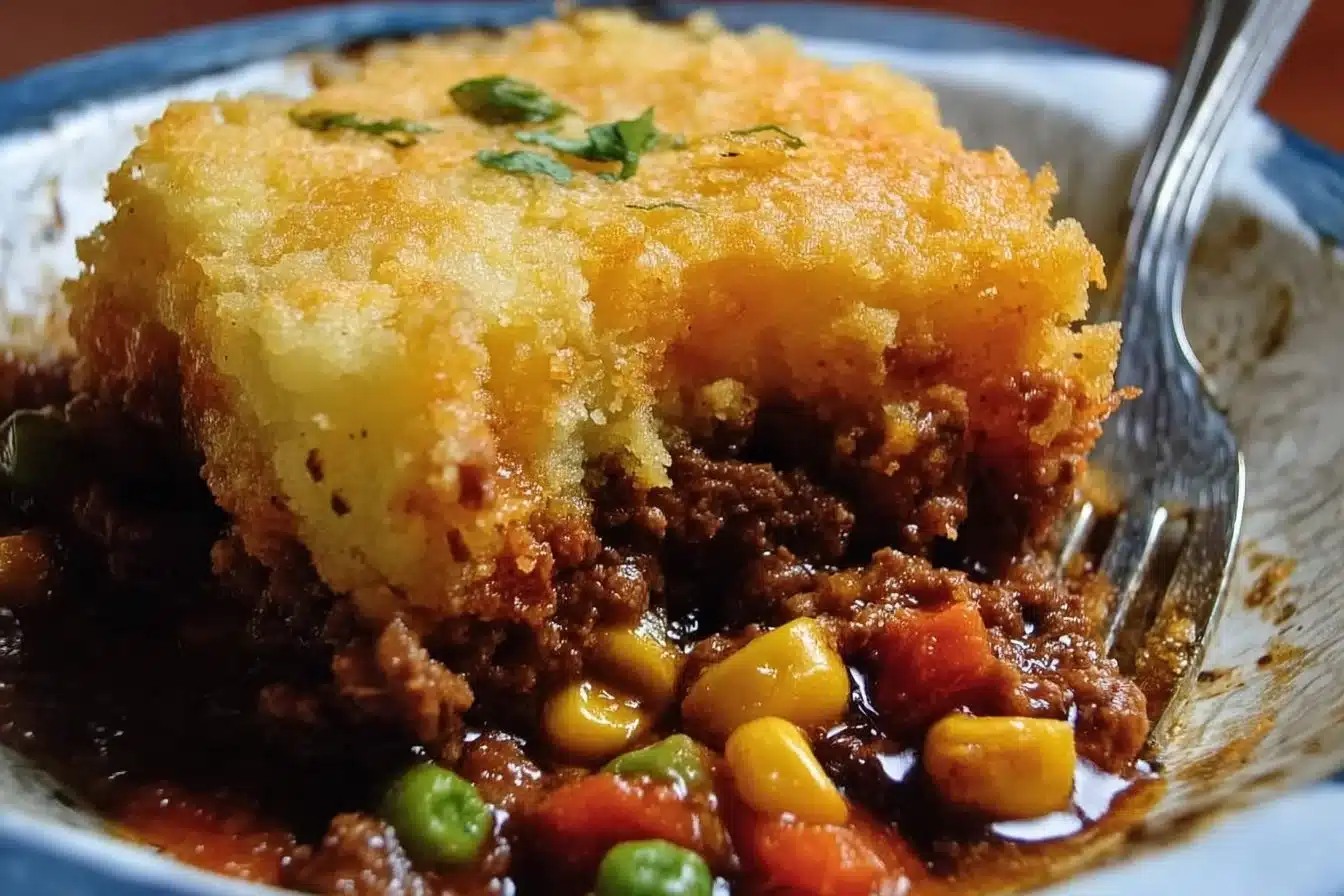 Tamale Pie Mix-Up 3 A delicious tamale pie mix-up served in a colorful dish with toppings.