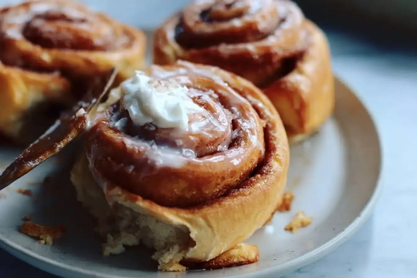 The Best Sourdough Cinnamon Rolls 3 Delicious homemade sourdough cinnamon rolls topped with icing.