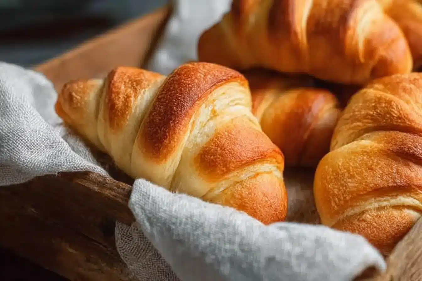 Freshly baked sourdough discard crescent rolls on a baking sheet.