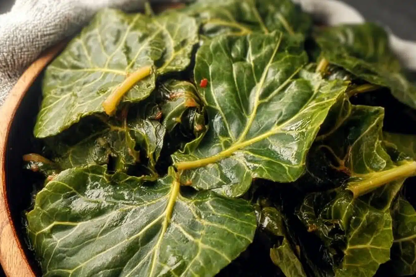 Vegan Collard Greens 3 Plate of Vegan Collard Greens with spices, a nutritious vegan side dish