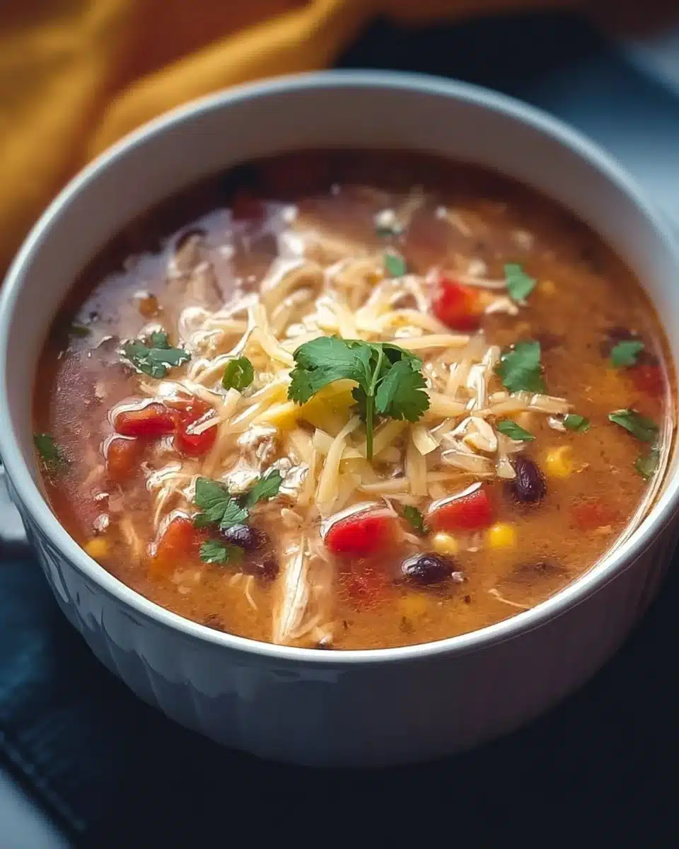 Bowl of Chick-fil-A Chicken Tortilla Soup topped with fresh ingredients.