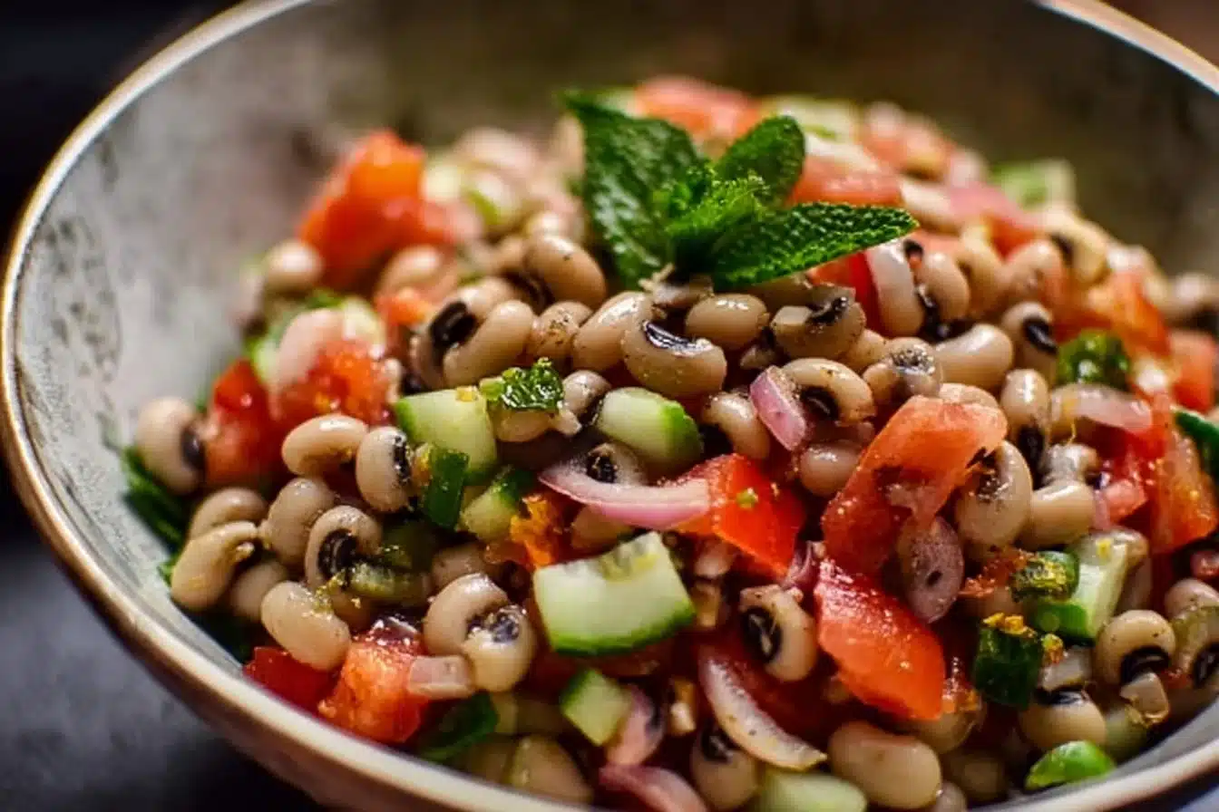 Colorful and fresh Black Eyed Pea Salad with vegetables and herbs