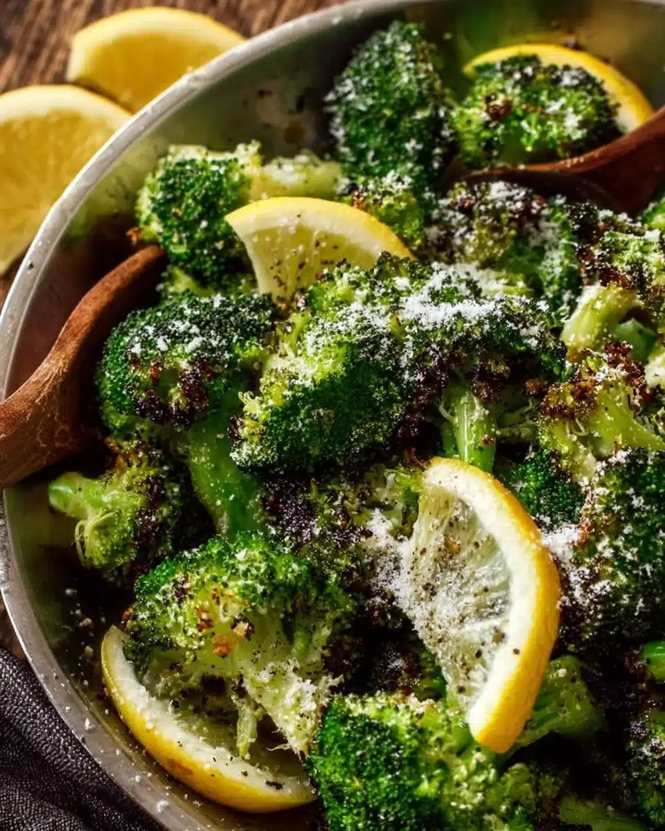 Bowl of roasted parmesan broccoli with lemon for a healthy side dish