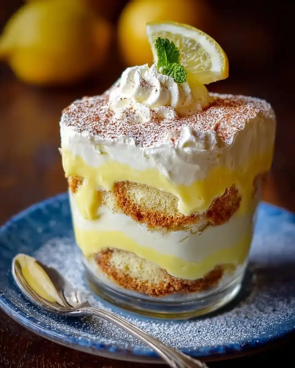 Slice of lemon tiramisu with lemon zest and limoncello drizzle on a plate.