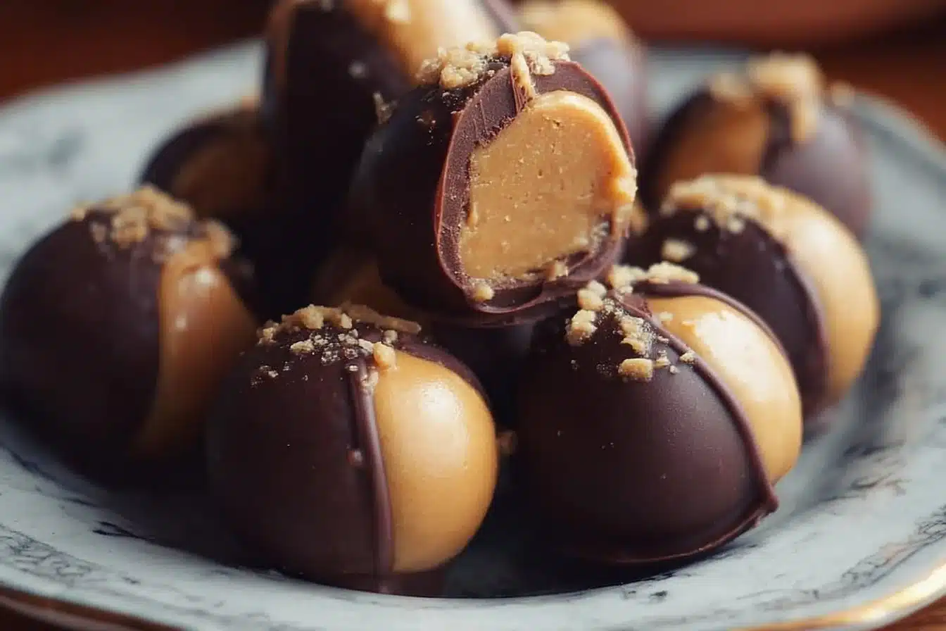 Easy Healthy Peanut Butter Buckeyes 3 A plate of easy healthy peanut butter buckeyes drizzled in chocolate.
