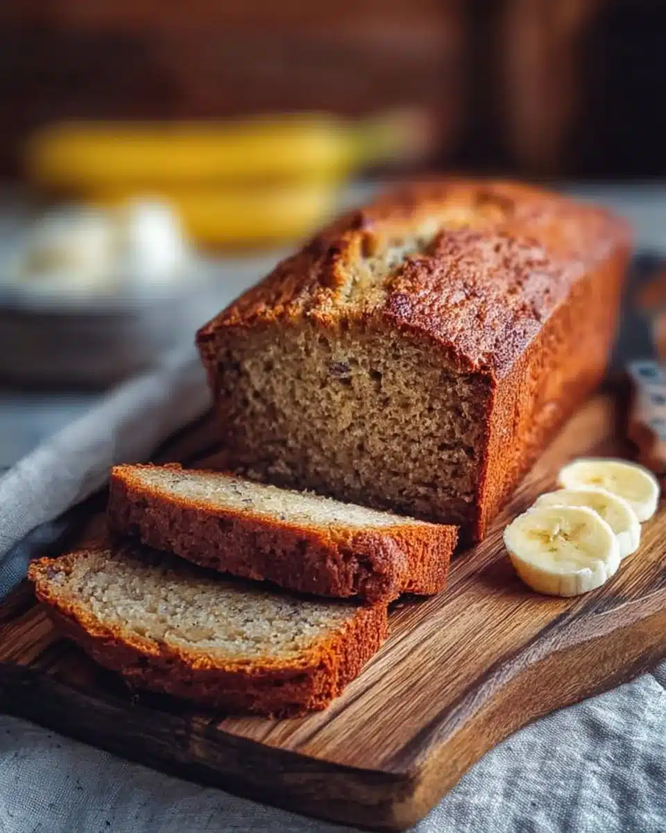 Slice of homemade eggless banana bread on a plate