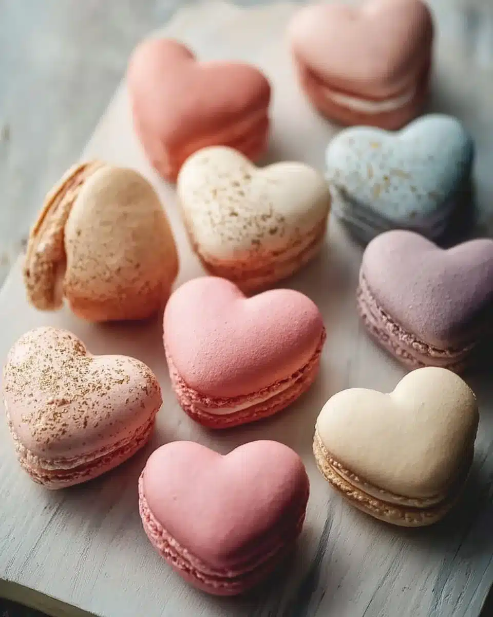 Delicious heart-shaped macarons in various colors and flavors.