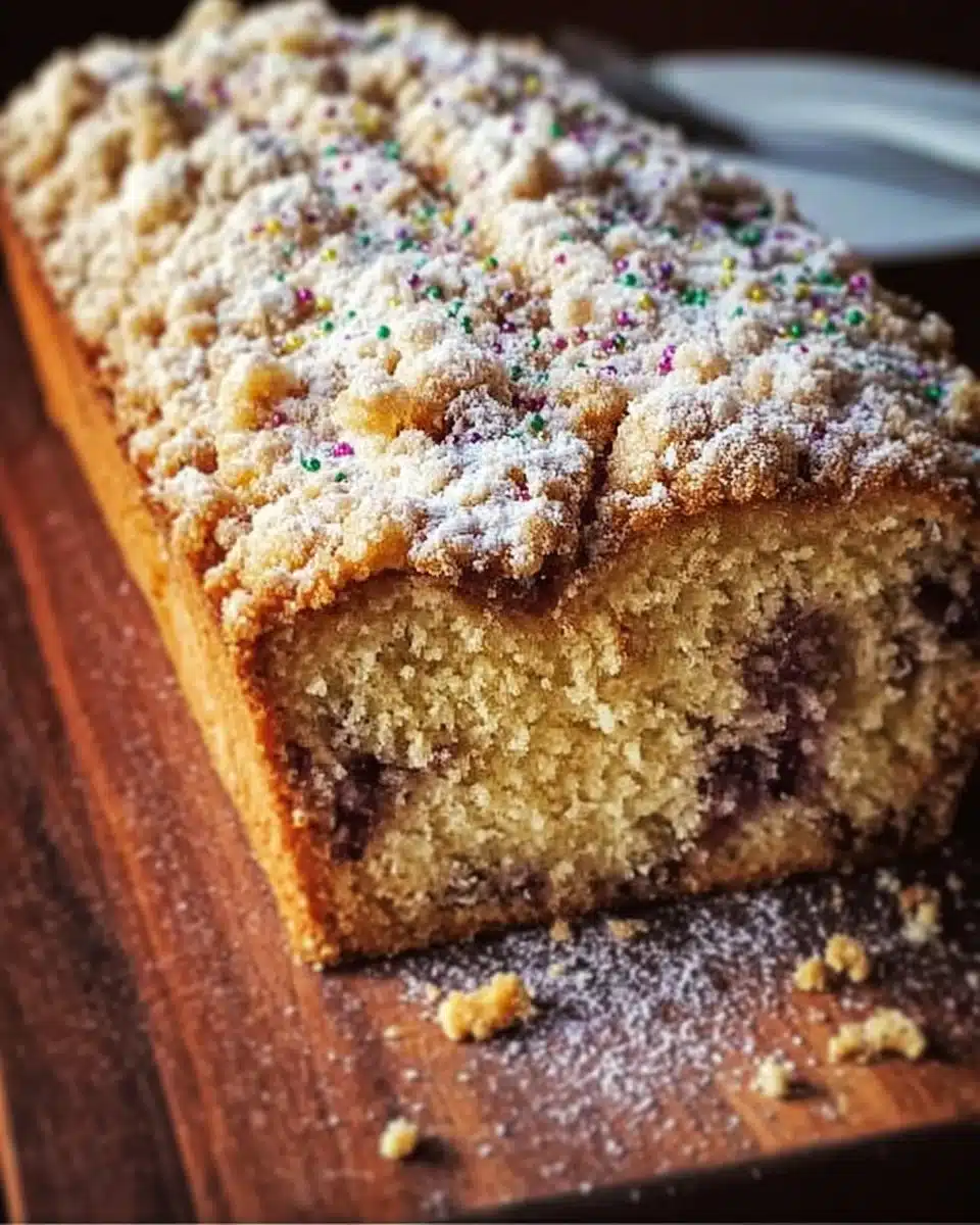 Mardi Gras Streusel Bread with colorful sprinkles and festive decorations