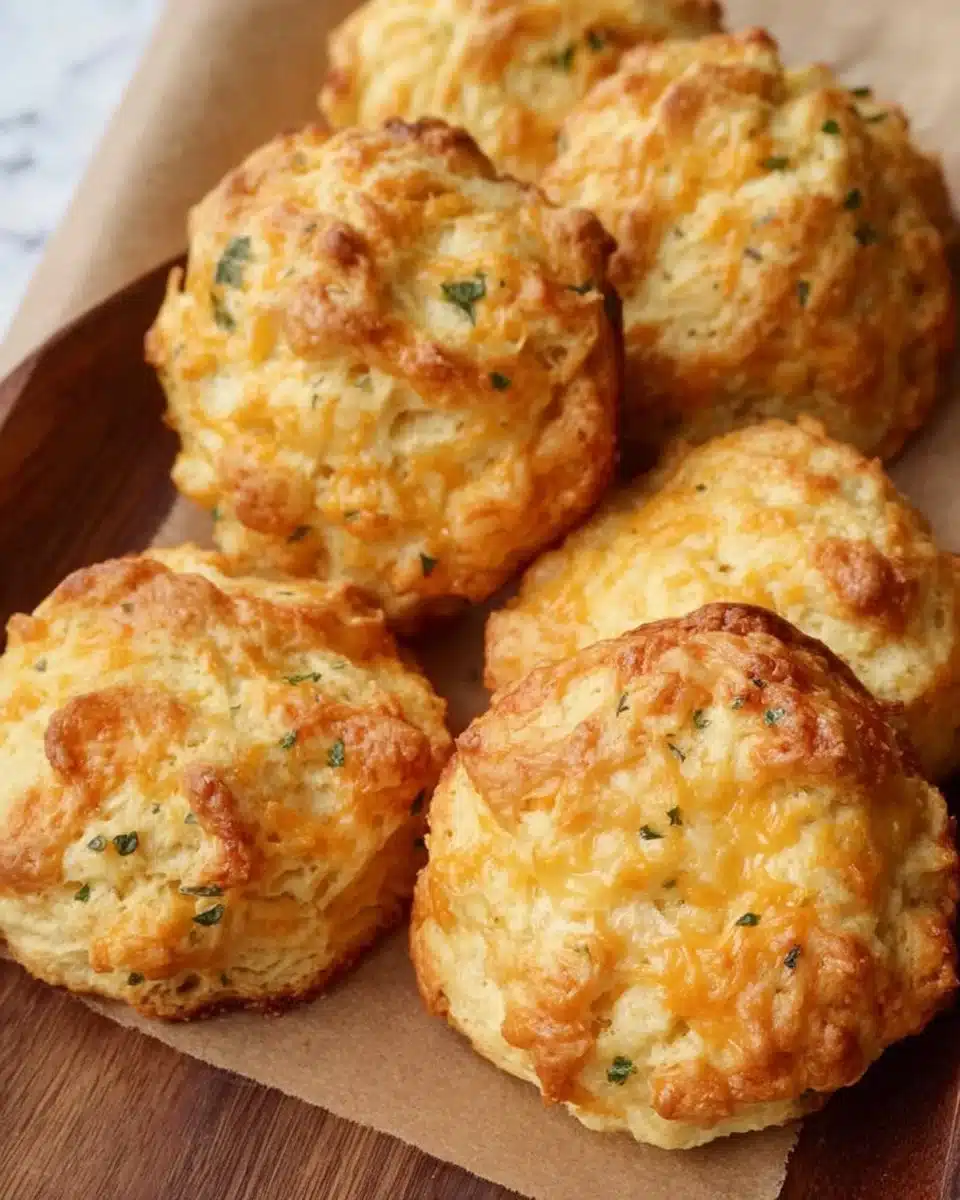 Freshly baked sourdough discard cheddar biscuits on a rustic wooden table.
