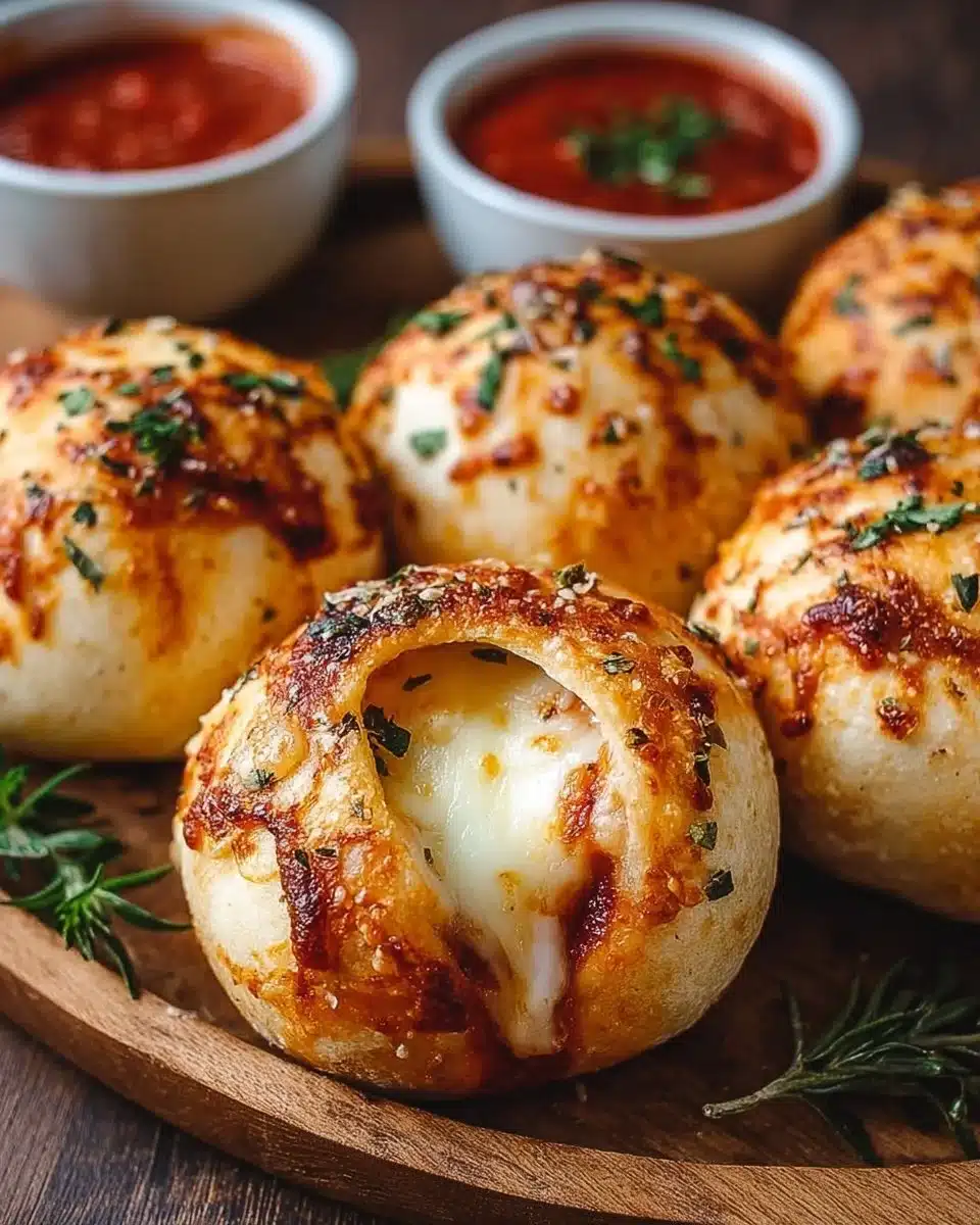 Sourdough Pizza Bombs 3 Delicious homemade sourdough pizza bombs served on a wooden platter.