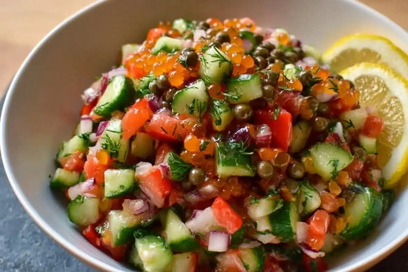 Colorful Southern Caviar Salad with fresh vegetables and caviar on a plate