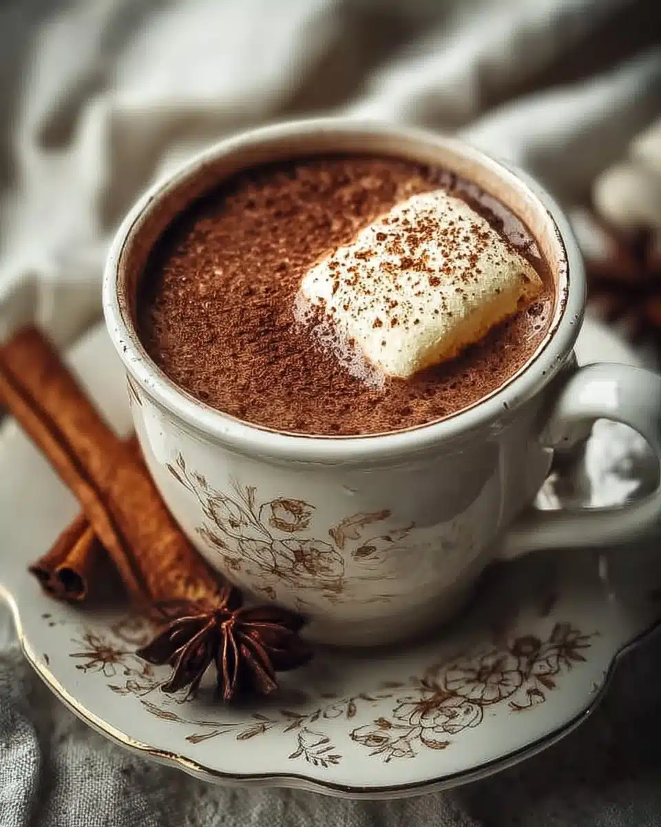 Delicious spiced hot cocoa topped with whipped cream and cinnamon