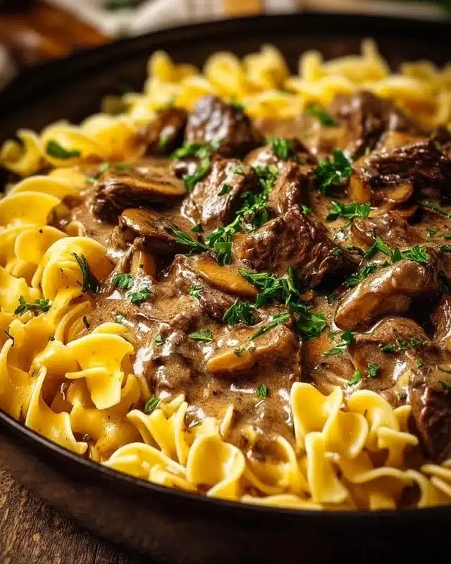 Beef Stroganoff with Egg Noodles 3 Delicious Beef Stroganoff with Egg Noodles served in a creamy sauce.
