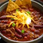 Delicious bowl of best chili recipe made with ground beef and bacon