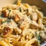 Delicious cheesy chicken pasta served in a bowl
