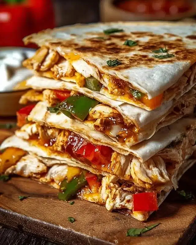 Chicken fajita quesadillas served with salsa and guacamole