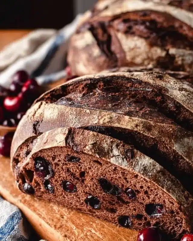 Loaf of Chocolate Cherry Sourdough Bread with chocolate chunks and cherries.