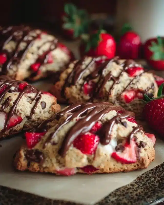 Chocolate covered strawberry sourdough scones on a plate