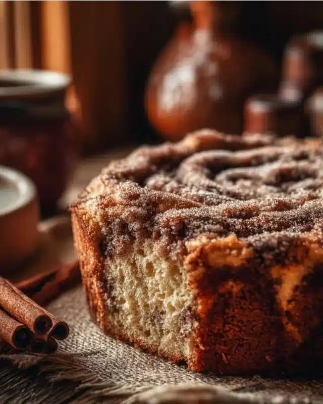 Delicious homemade sourdough coffee cake on a wooden table