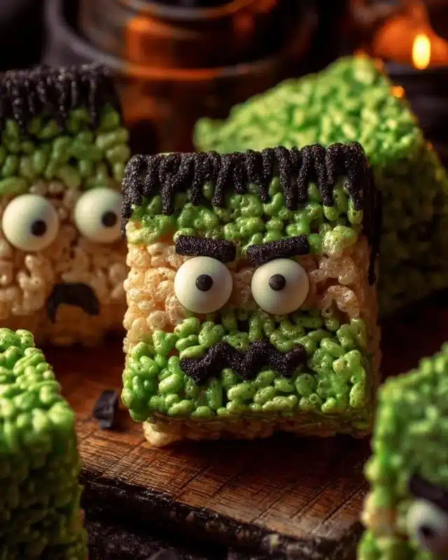 Frankenstein Halloween Rice Krispie Treats on a platter