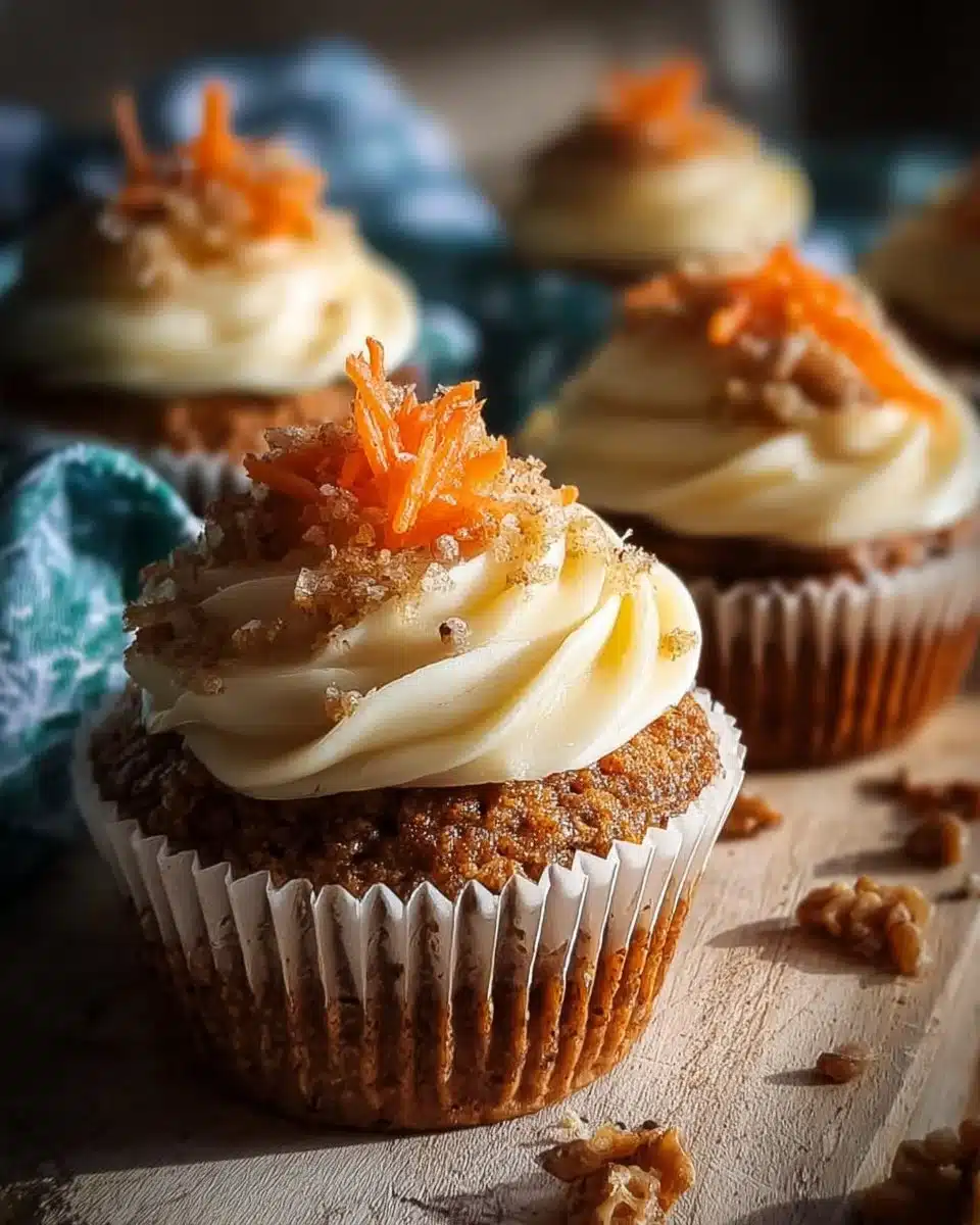 Delicious carrot cake cupcakes with cream cheese frosting on a rustic wooden table