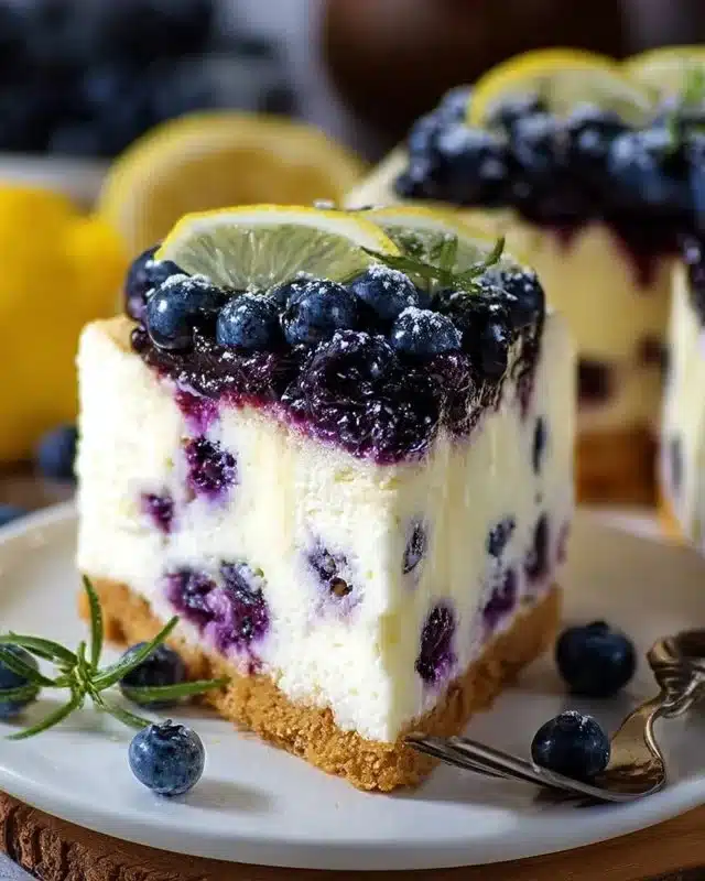 Delicious Lemon Blueberry Cheesecake Cake topped with fresh blueberries and lemon zest.