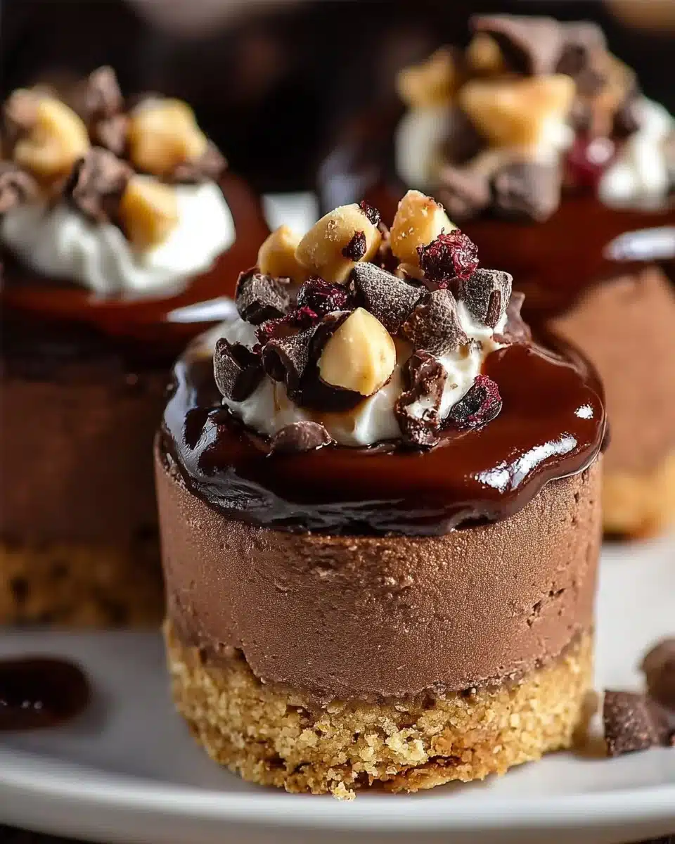 No Bake Mini Chocolate Cheesecake Treats 3 No Bake Mini Chocolate Cheesecake Treats served on a plate